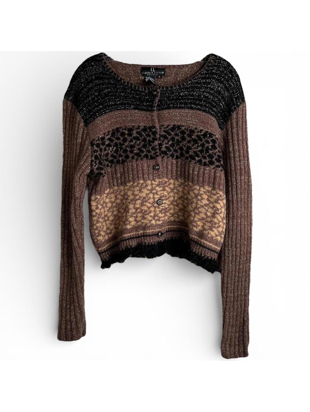 Vintage Carole Little Leopard Wool Fringe Cardigan